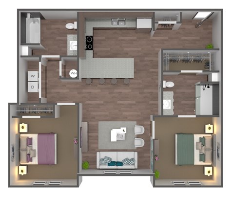 A 3D floor plan of a house with two bedrooms, a living room, a kitchen, and a bathroom.